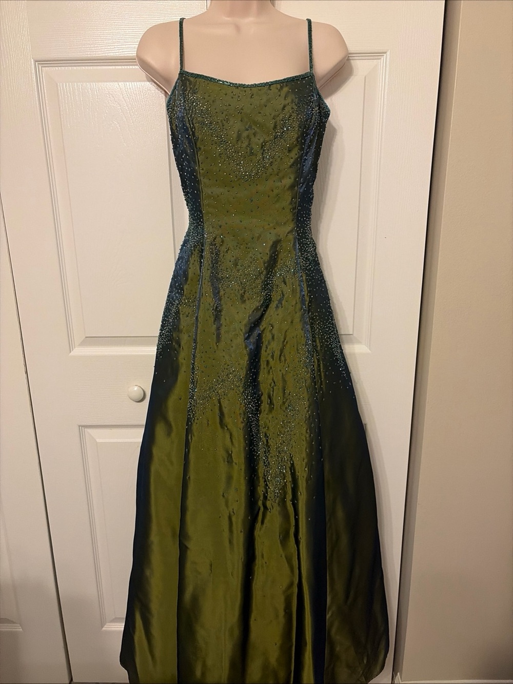 Sue Wong Olive and Teal Beaded Prom Gown